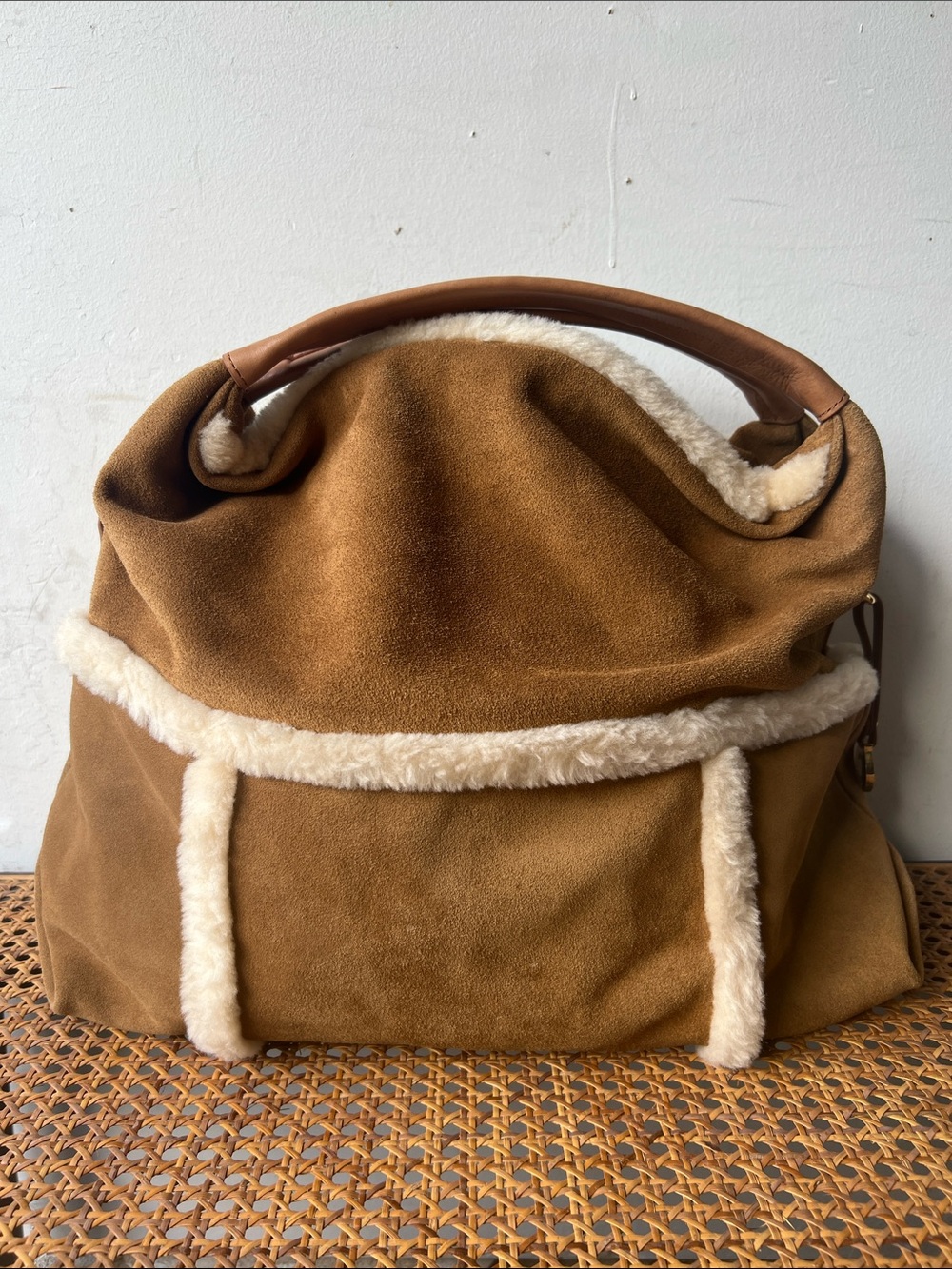 UGG Quinn Chestnut Suede Tote with Cream Shearling Trim
